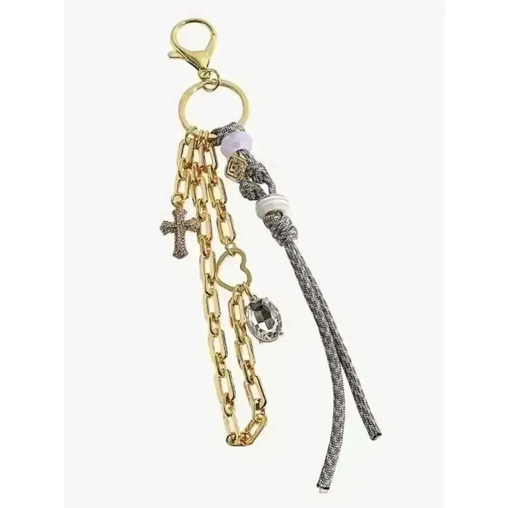 New Emberly Gold Chain & Charm Tassel Keychain with Crystal and Cross